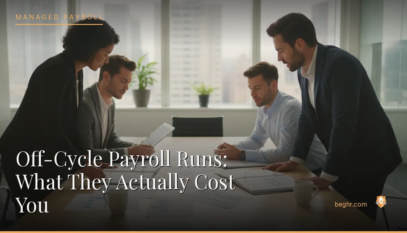 Business professionals reviewing payroll and HR documents in a bright modern office