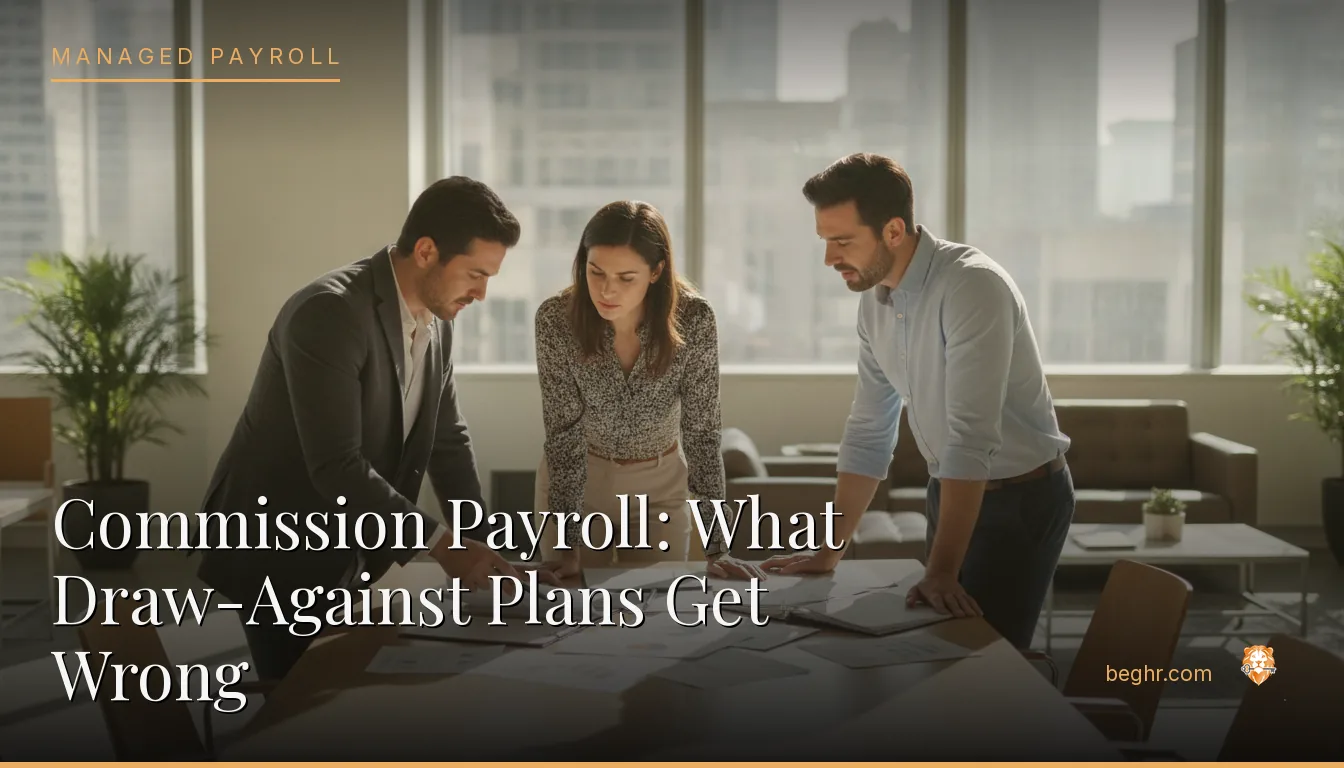 Business professionals reviewing payroll and HR documents in a bright modern office