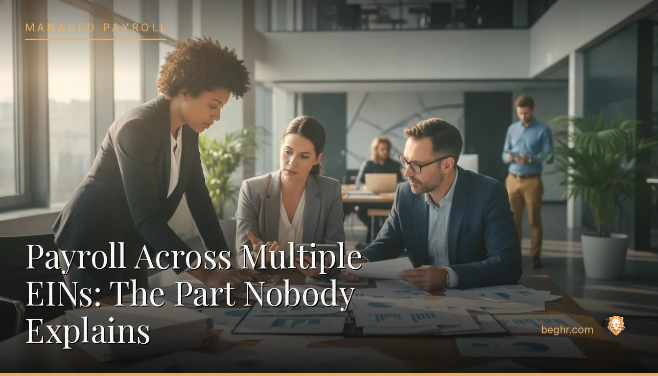 Business professionals reviewing payroll and HR documents in a bright modern office