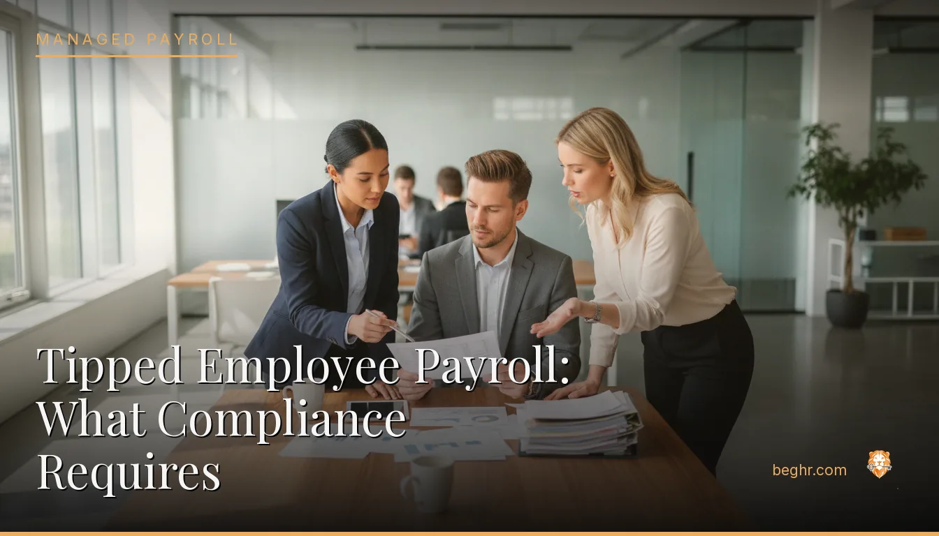 Business professionals reviewing payroll and HR documents in a bright modern office