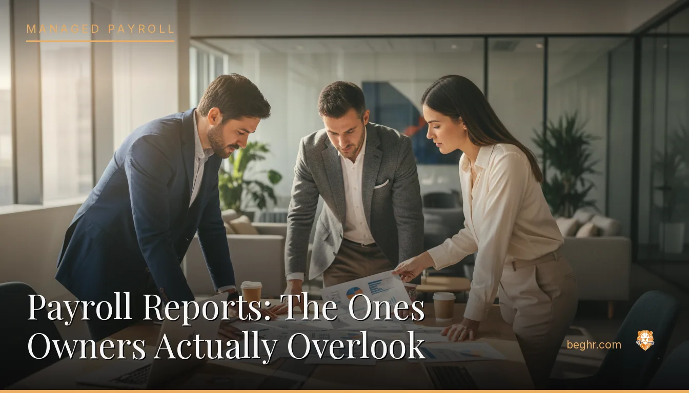 Business professionals reviewing payroll and HR documents in a bright modern office