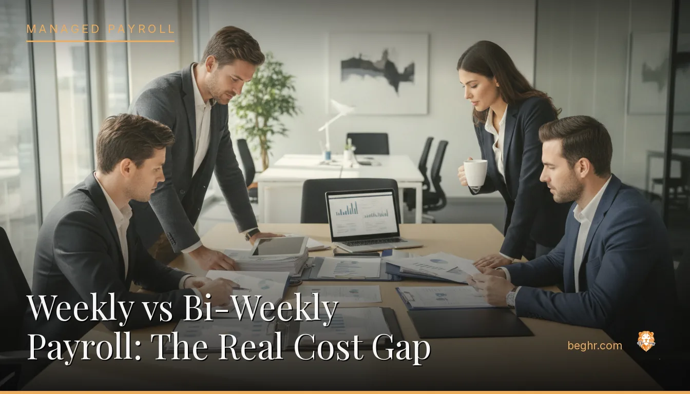 Business professionals reviewing payroll and HR documents in a bright modern office