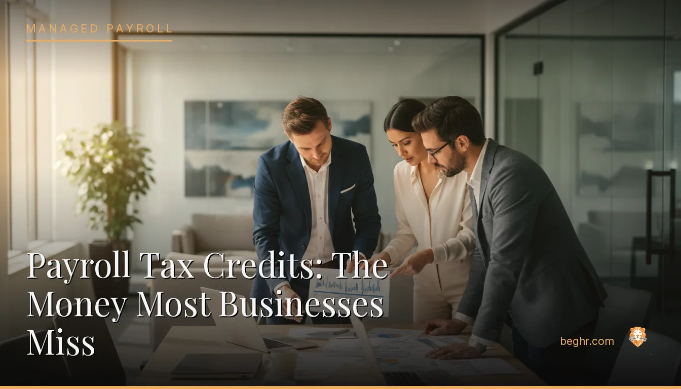 Business professionals reviewing payroll and HR documents in a bright modern office