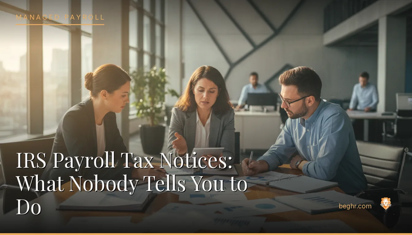 Business professionals reviewing payroll and HR documents in a bright modern office