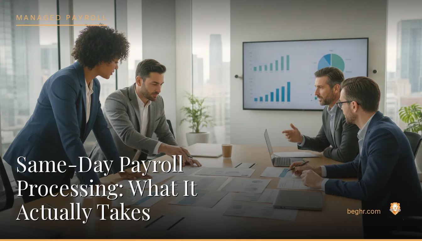 Business professionals reviewing payroll and HR documents in a bright modern office