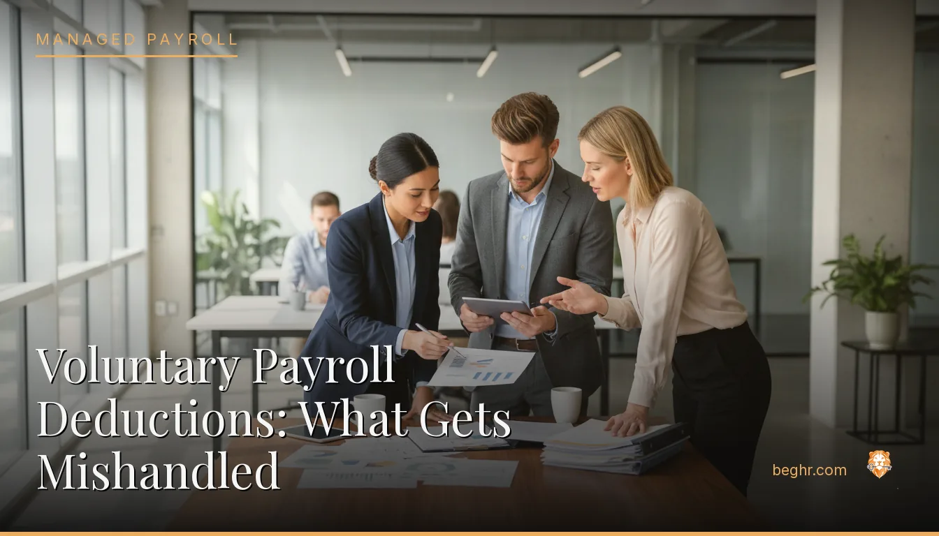 Business professionals reviewing payroll and HR documents in a bright modern office