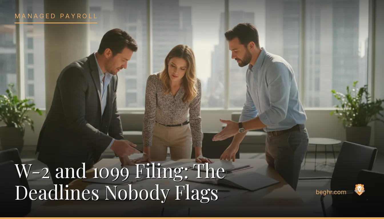 Business professionals reviewing payroll and HR documents in a bright modern office