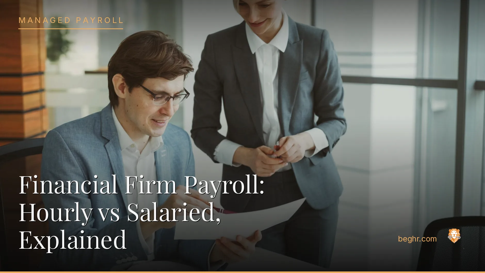 Business professionals reviewing payroll and HR documents in a bright modern office