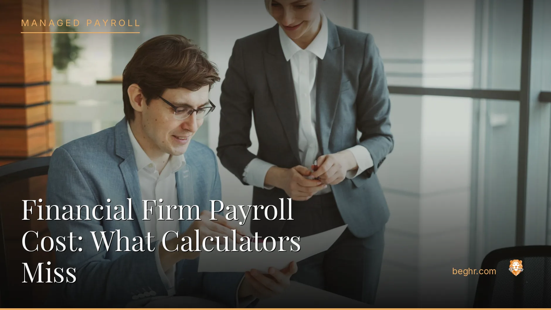Business professionals reviewing payroll and HR documents in a bright modern office