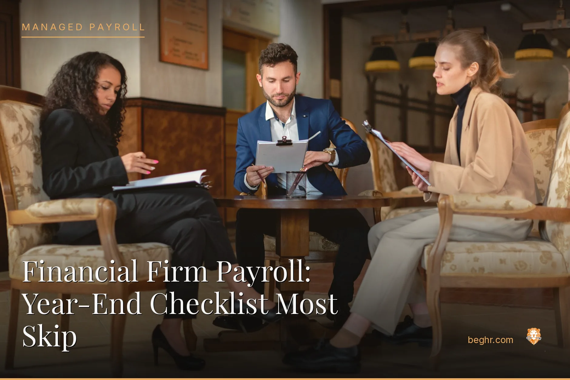 Business professionals reviewing payroll and HR documents in a bright modern office