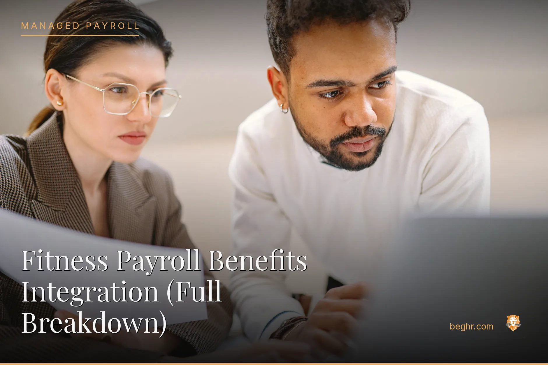 Business professionals reviewing payroll and HR documents in a bright modern office
