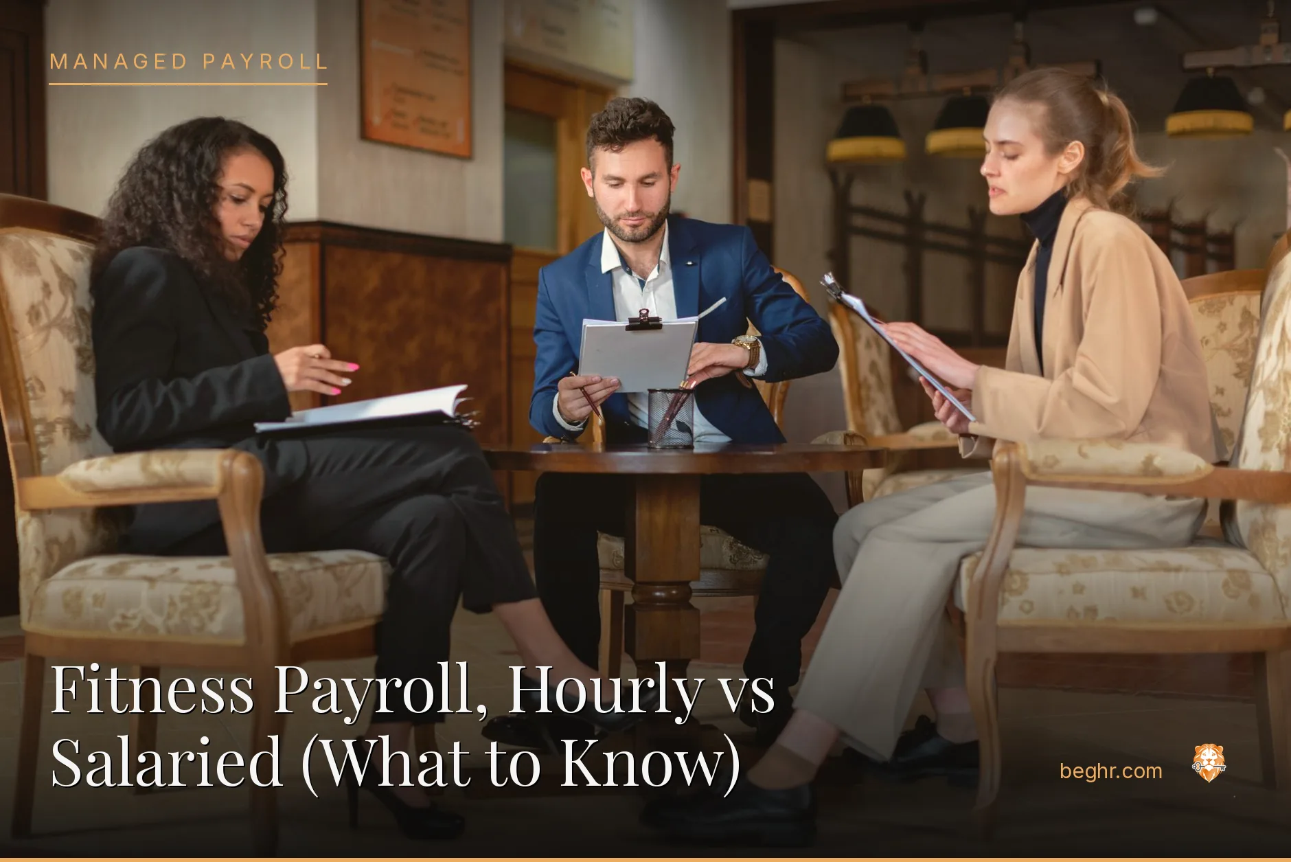 Business professionals reviewing payroll and HR documents in a bright modern office
