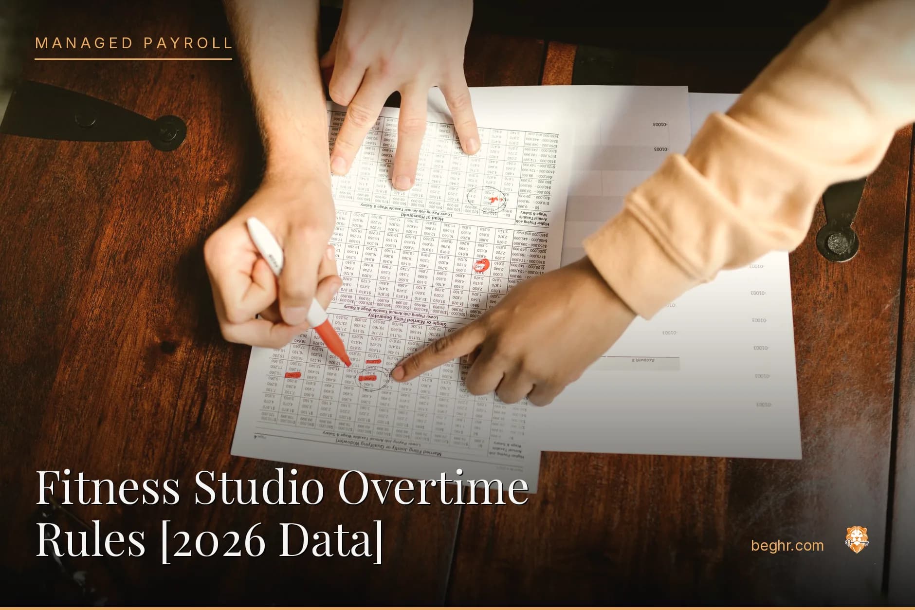 Business professionals reviewing payroll and HR documents in a bright modern office