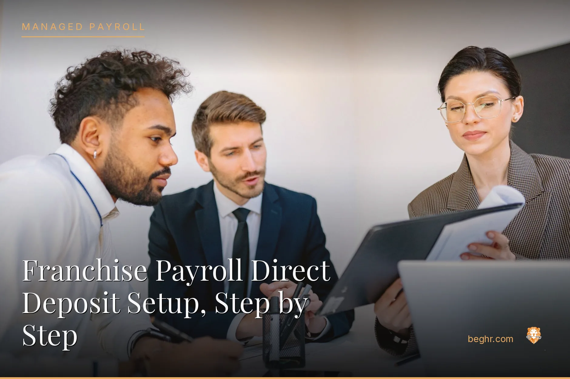 Business professionals reviewing payroll and HR documents in a bright modern office