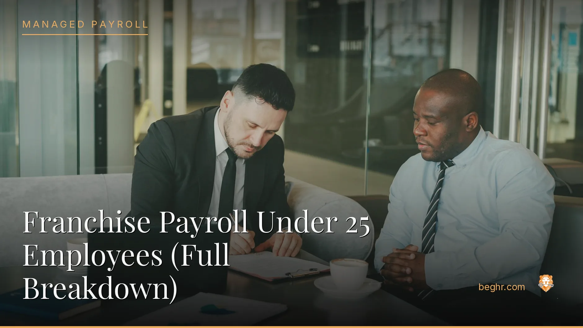 Business professionals reviewing payroll and HR documents in a bright modern office