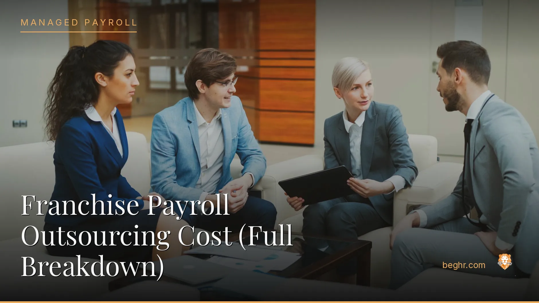 Business professionals reviewing payroll and HR documents in a bright modern office