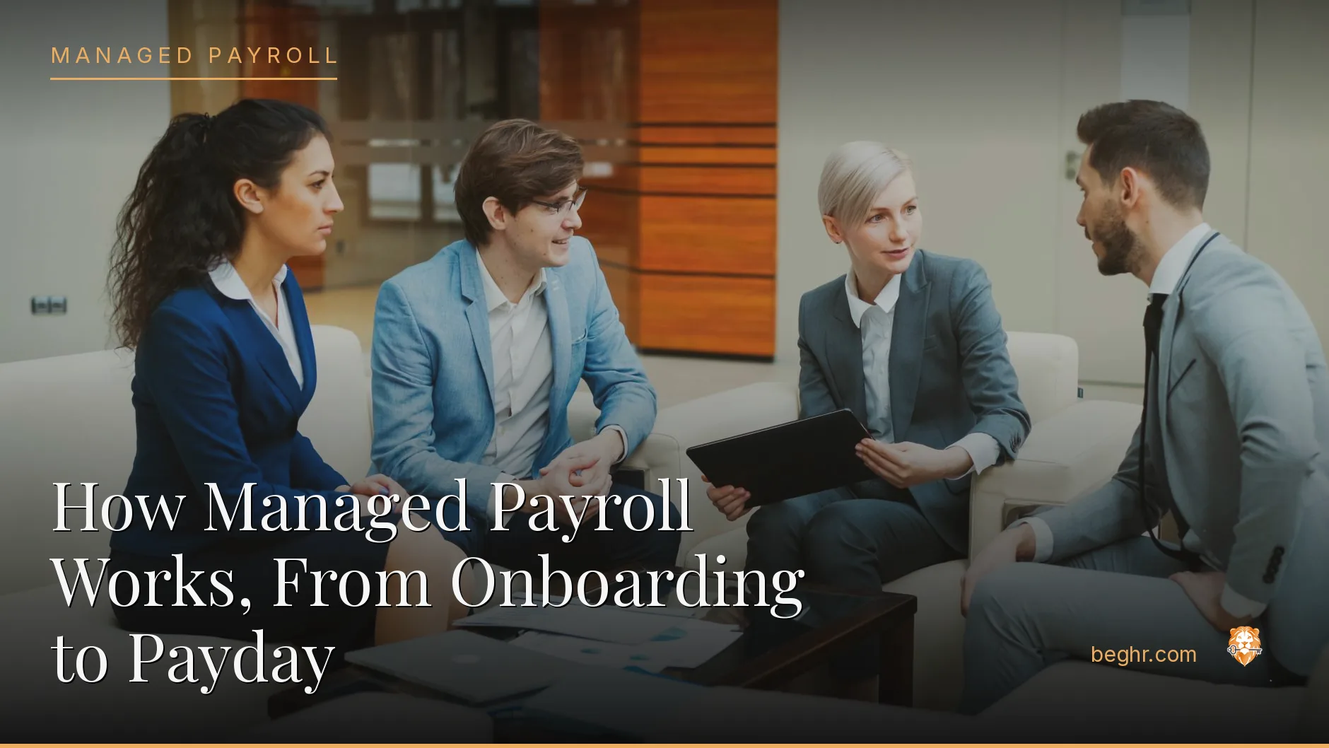 Business professionals reviewing payroll and HR documents in a bright modern office