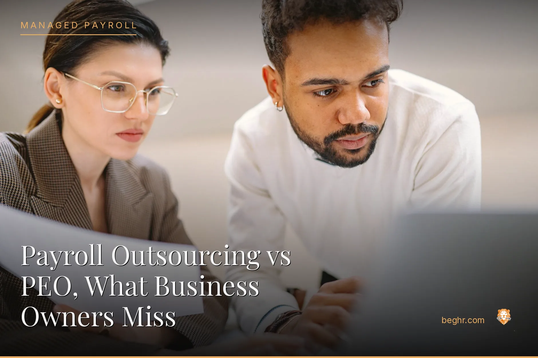 Business professionals reviewing payroll and HR documents in a bright modern office