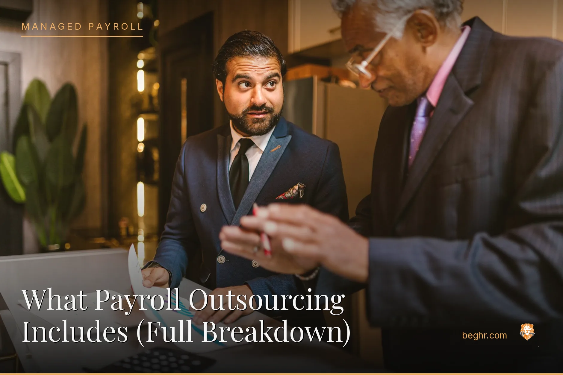 Business professionals reviewing payroll and HR documents in a bright modern office