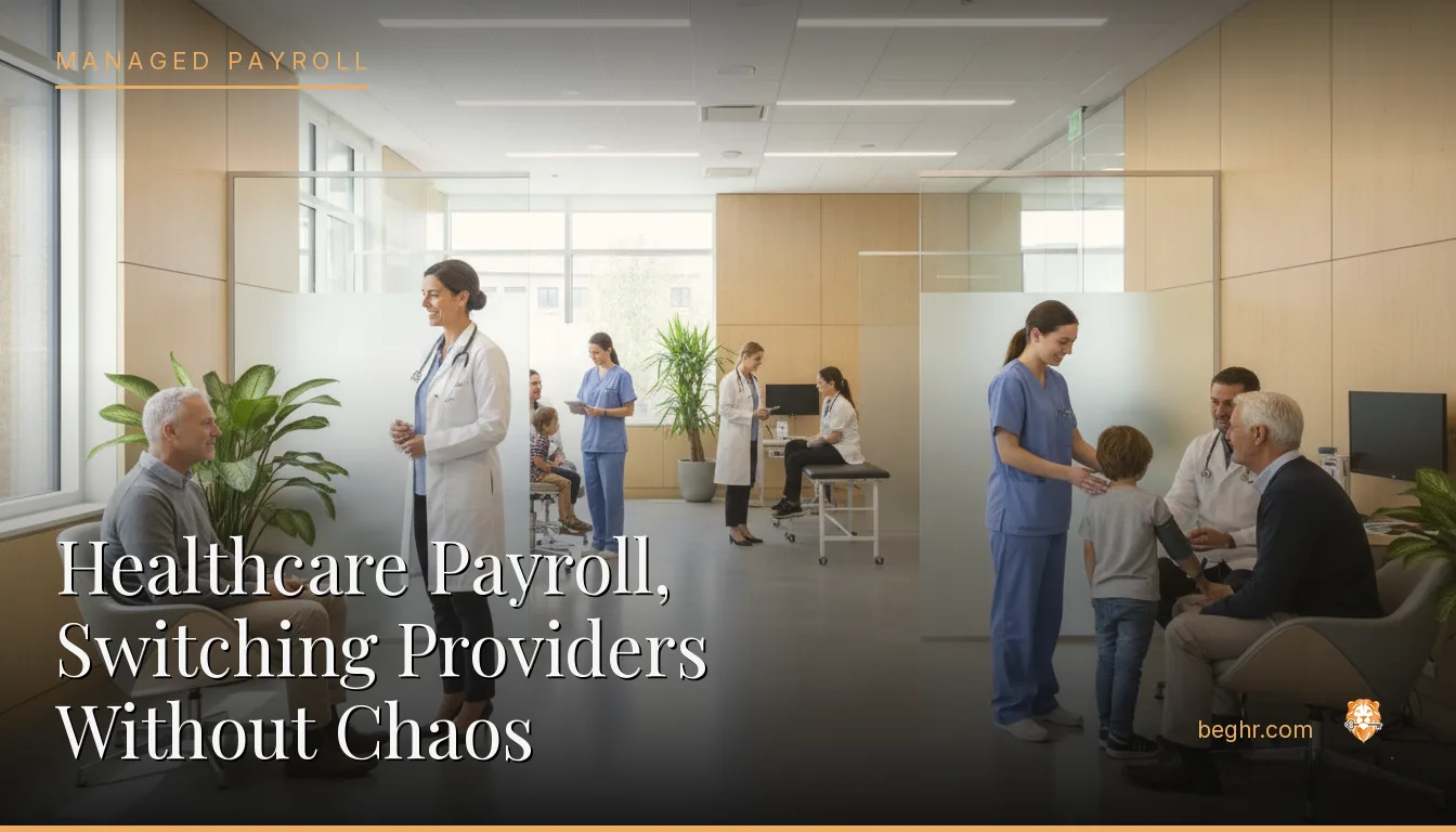 A modern medical clinic with doctors and nurses caring for patients