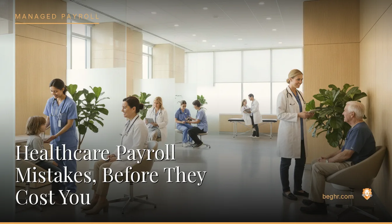A modern medical clinic with doctors and nurses caring for patients