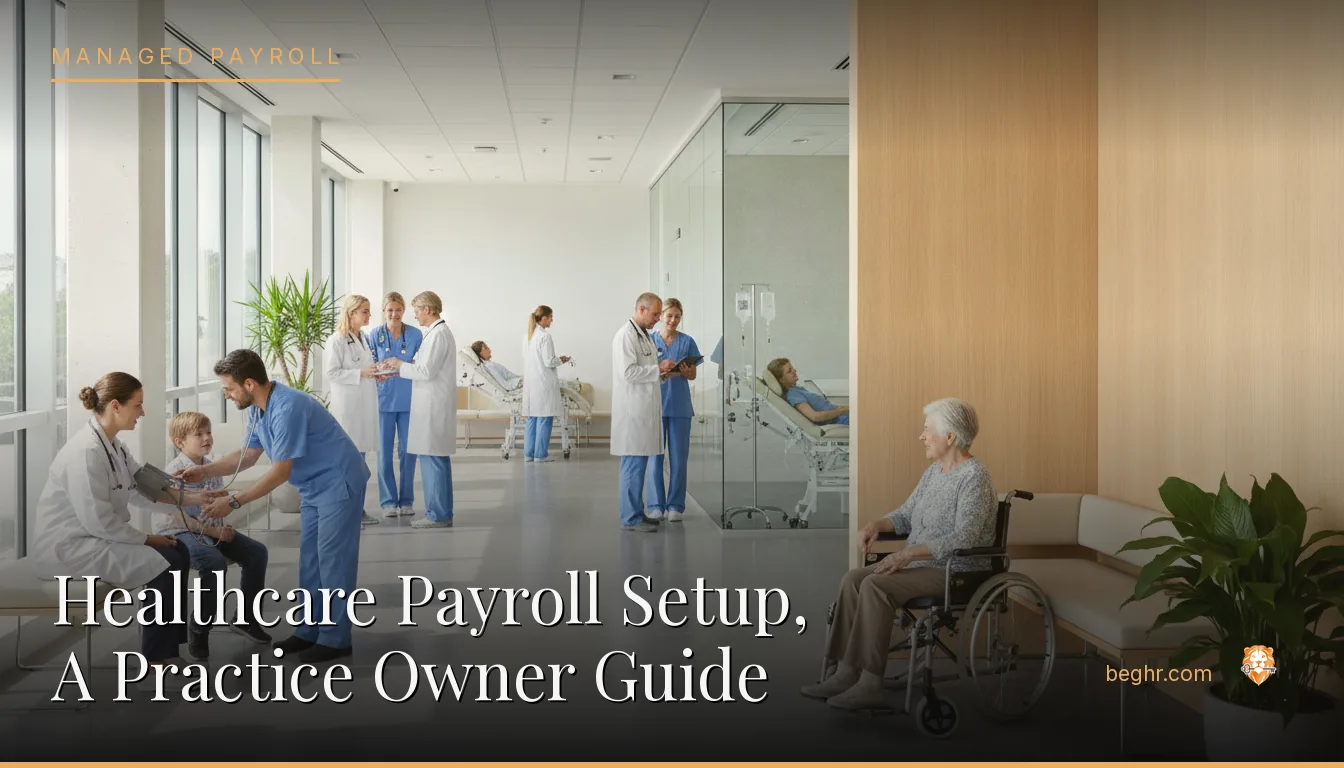 A modern medical clinic with doctors and nurses caring for patients