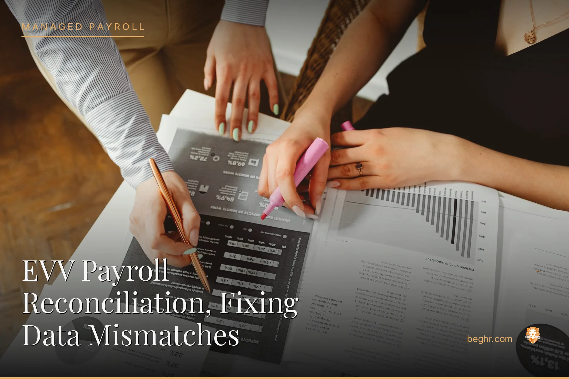 Business professionals reviewing payroll and HR documents in a bright modern office