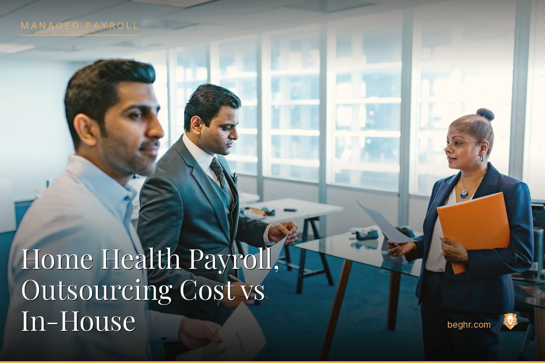 Business professionals reviewing payroll and HR documents in a bright modern office
