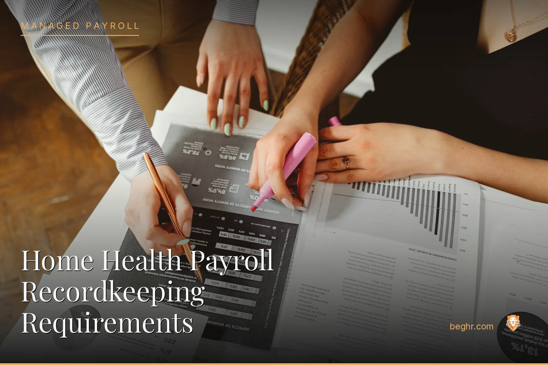 Business professionals reviewing payroll and HR documents in a bright modern office