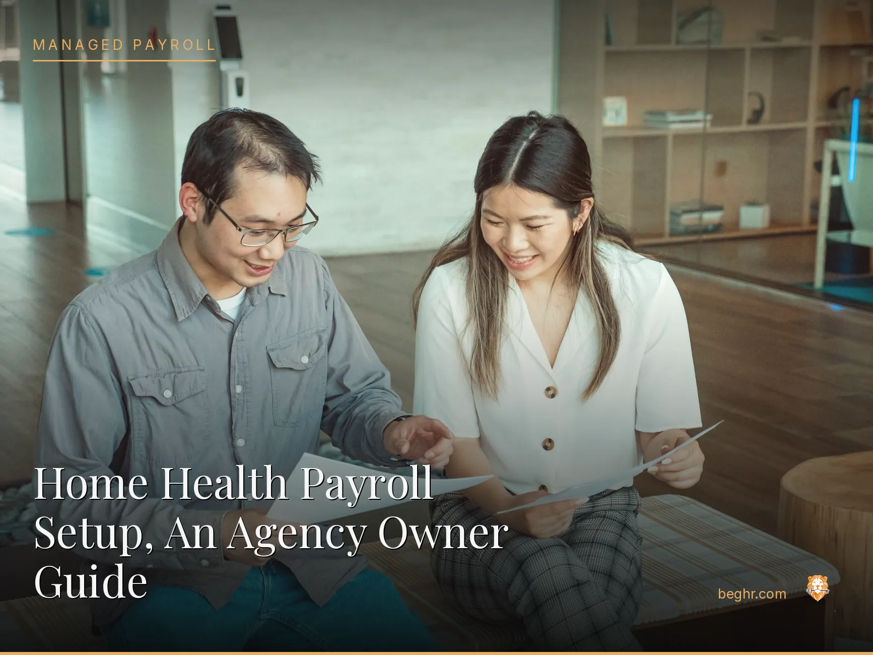 Business professionals reviewing payroll and HR documents in a bright modern office