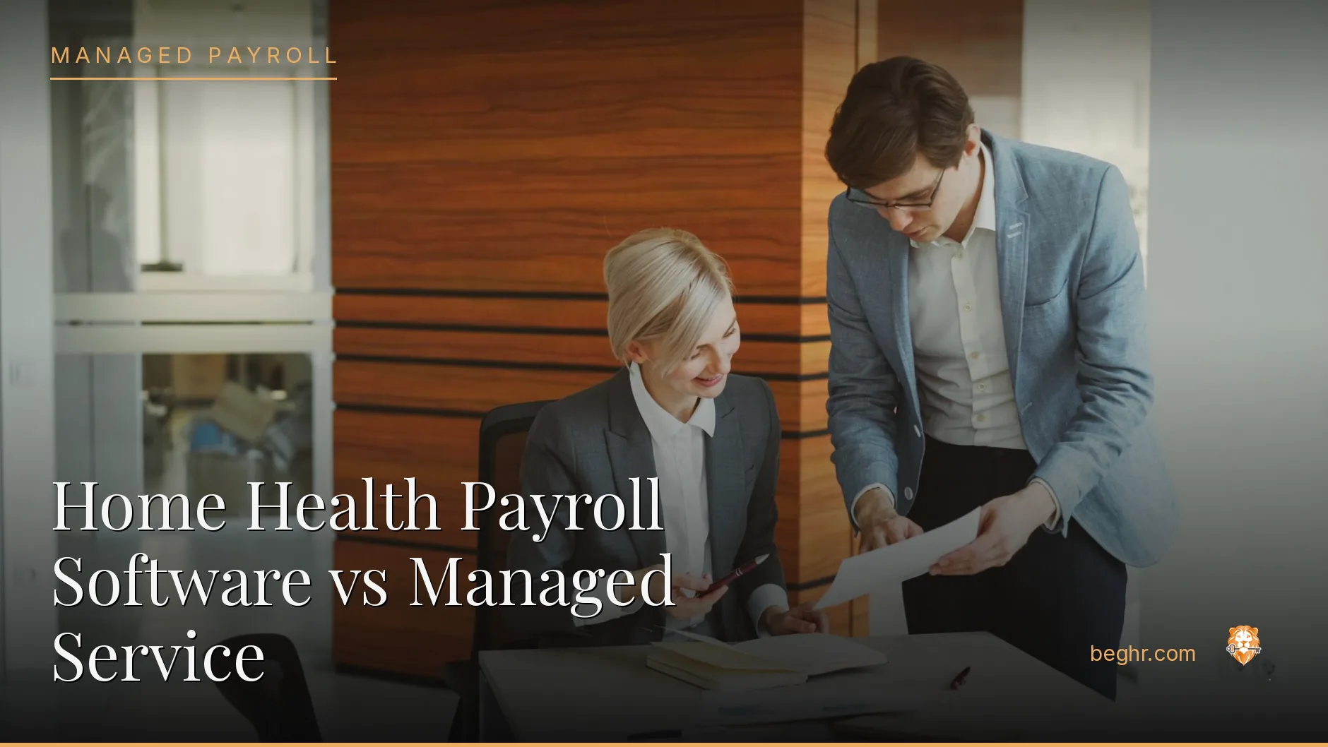 Business professionals reviewing payroll and HR documents in a bright modern office