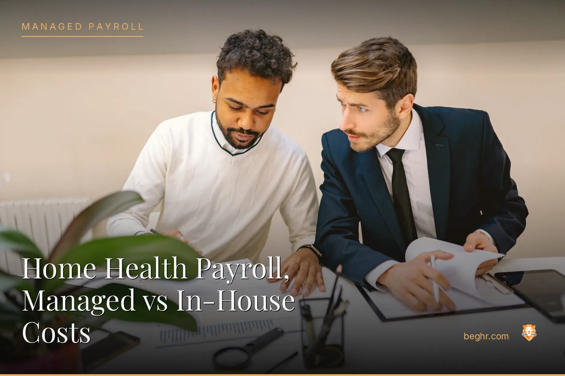 Business professionals reviewing payroll and HR documents in a bright modern office