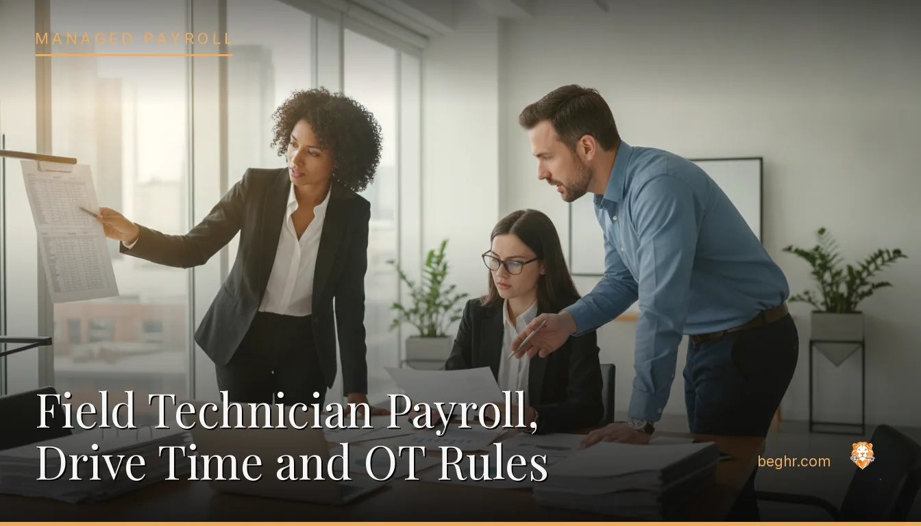 Business professionals reviewing payroll and HR documents in a bright modern office