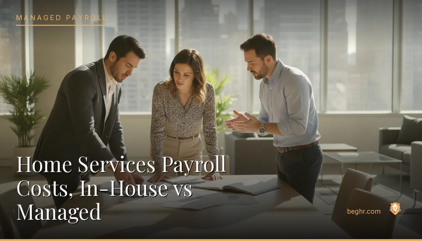 Business professionals reviewing payroll and HR documents in a bright modern office