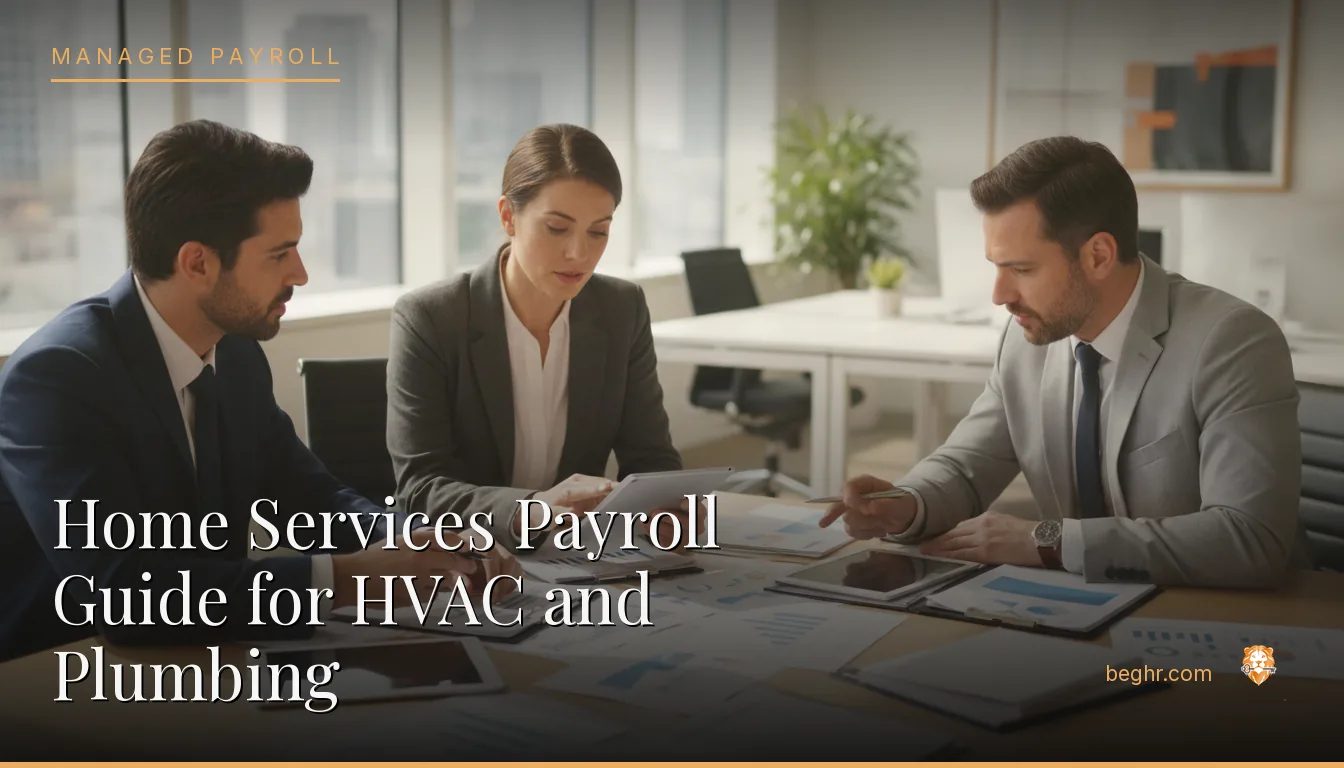 Business professionals reviewing payroll and HR documents in a bright modern office