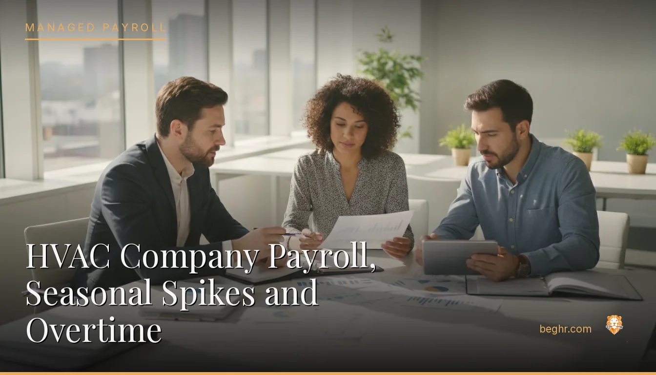 Business professionals reviewing payroll and HR documents in a bright modern office