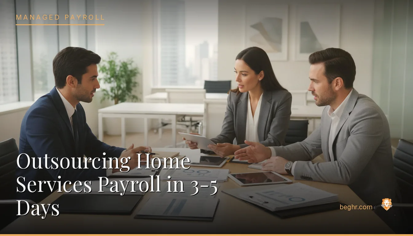 Business professionals reviewing payroll and HR documents in a bright modern office