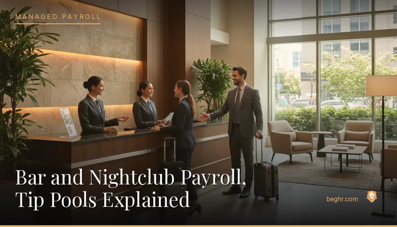 A hotel front desk and staff welcoming guests in a modern lobby