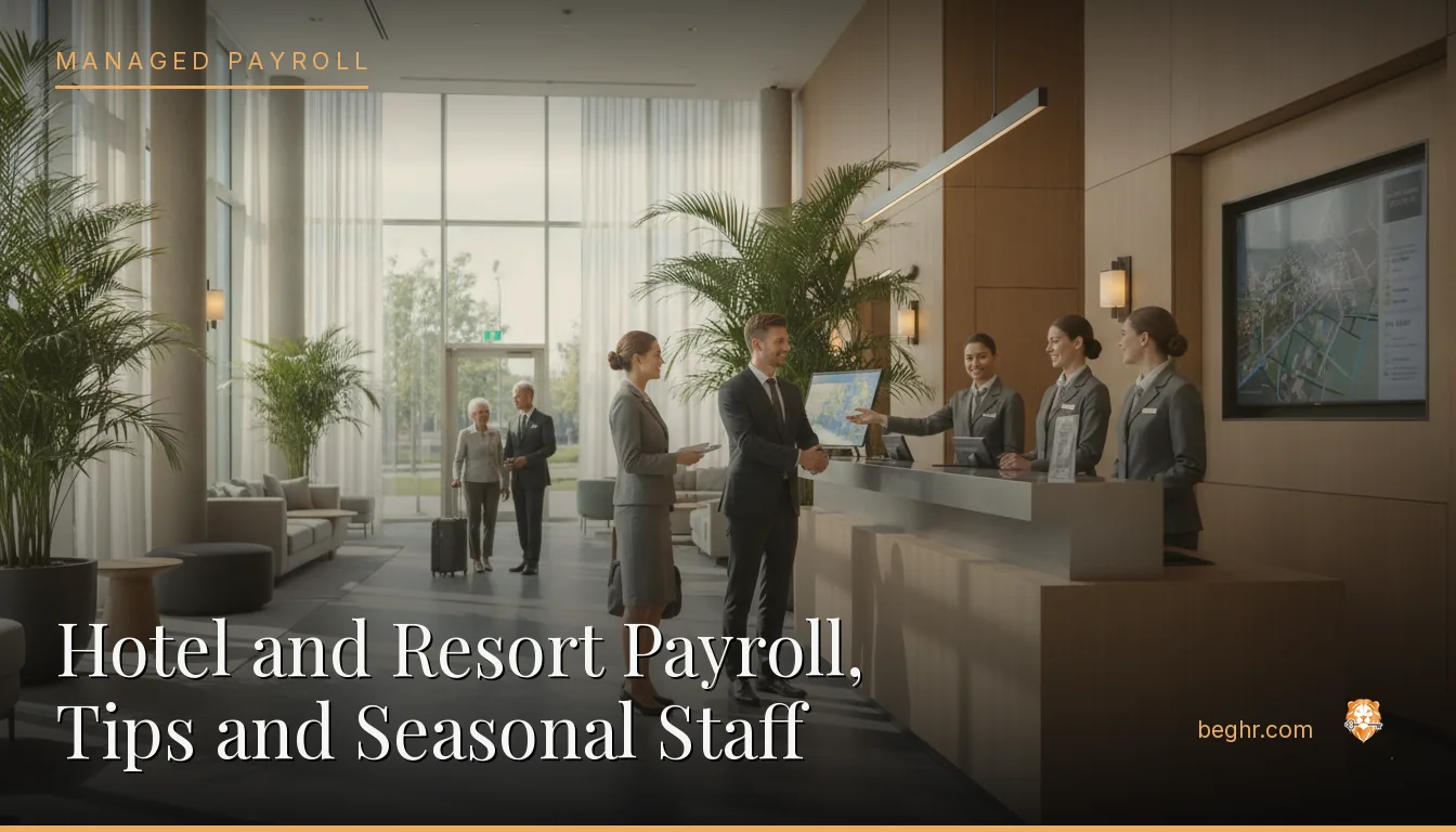 A hotel front desk and staff welcoming guests in a modern lobby