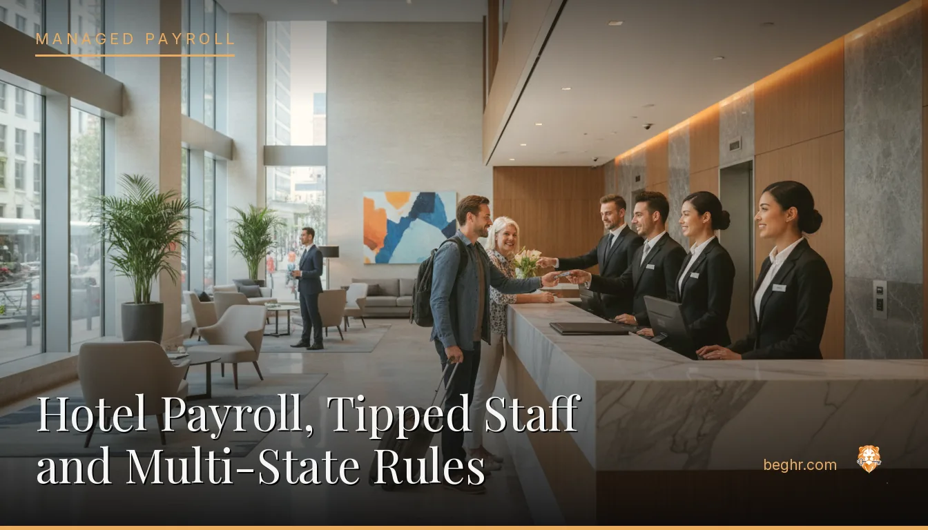 A hotel front desk and staff welcoming guests in a modern lobby
