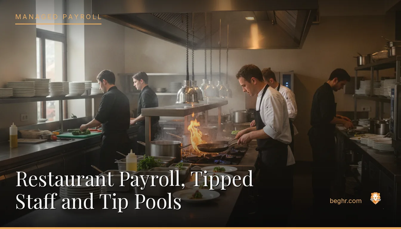A busy modern restaurant kitchen with chefs and staff working the line
