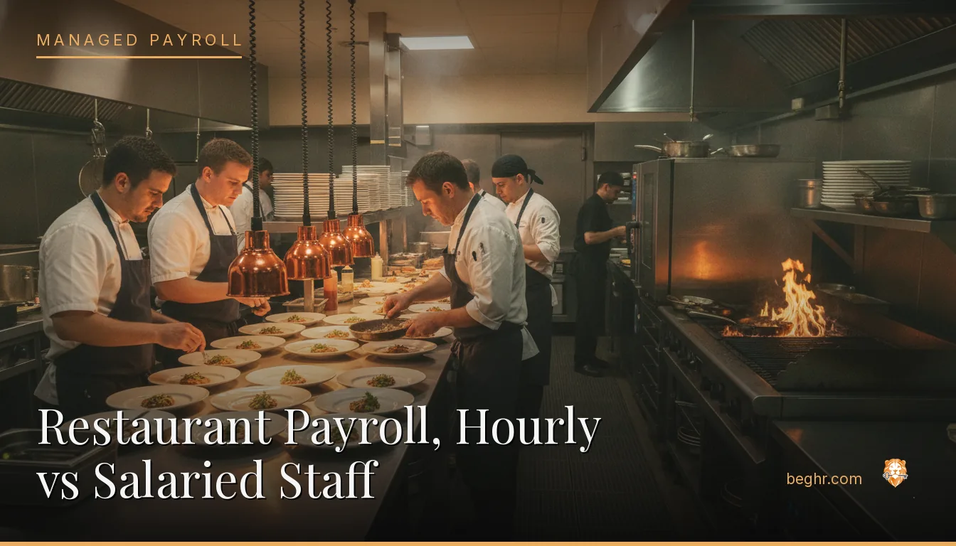 A busy modern restaurant kitchen with chefs and staff working the line