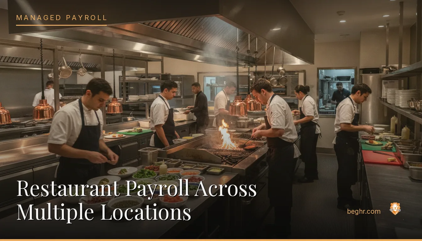 A busy modern restaurant kitchen with chefs and staff working the line