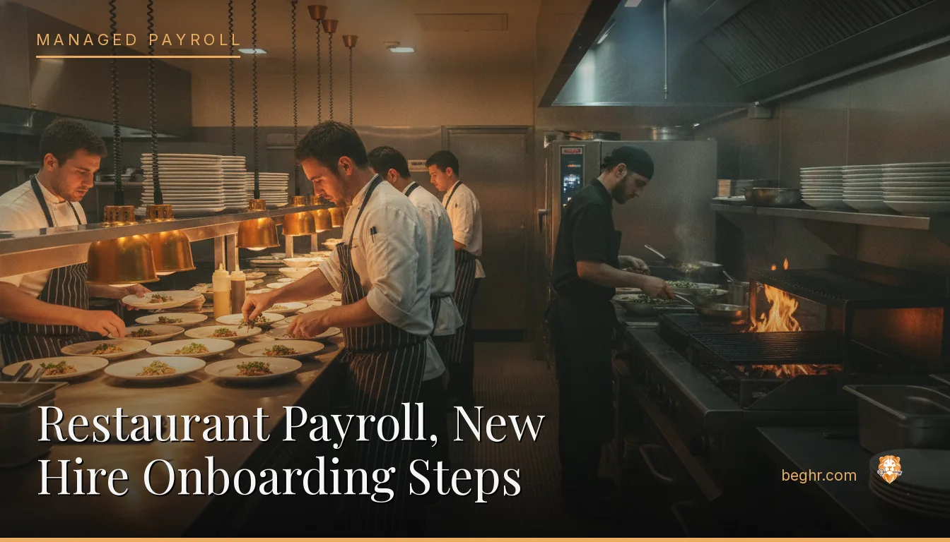 A busy modern restaurant kitchen with chefs and staff working the line