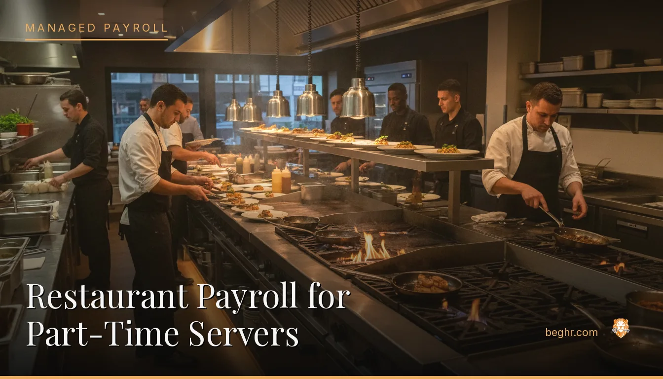 A busy modern restaurant kitchen with chefs and staff working the line