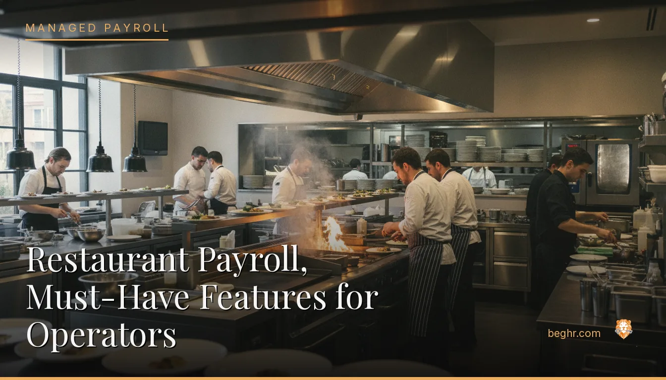 A busy modern restaurant kitchen with chefs and staff working the line