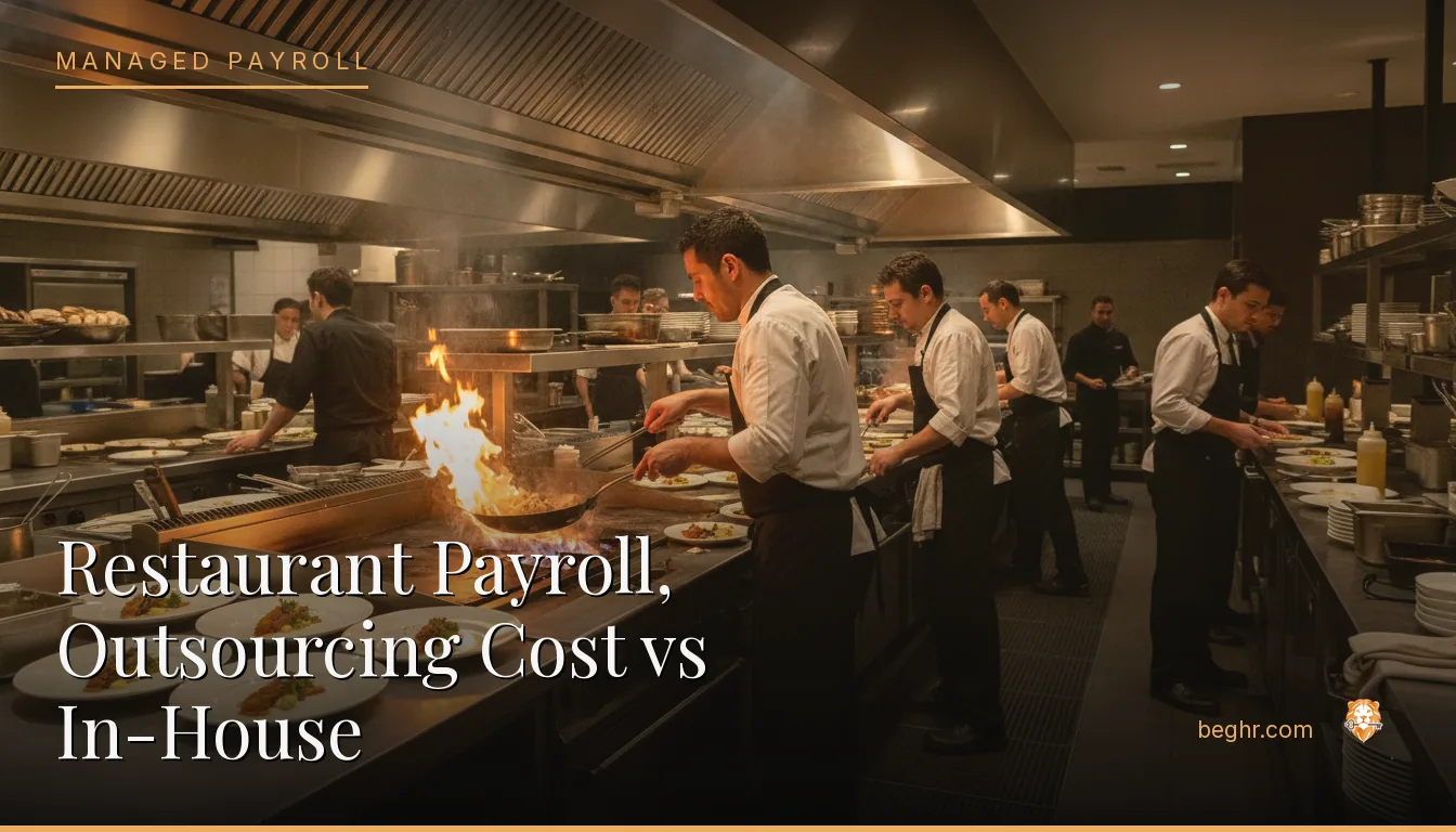 A busy modern restaurant kitchen with chefs and staff working the line