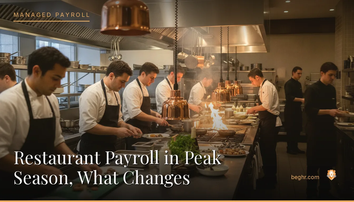 A busy modern restaurant kitchen with chefs and staff working the line