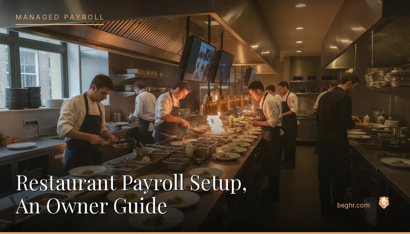 A busy modern restaurant kitchen with chefs and staff working the line
