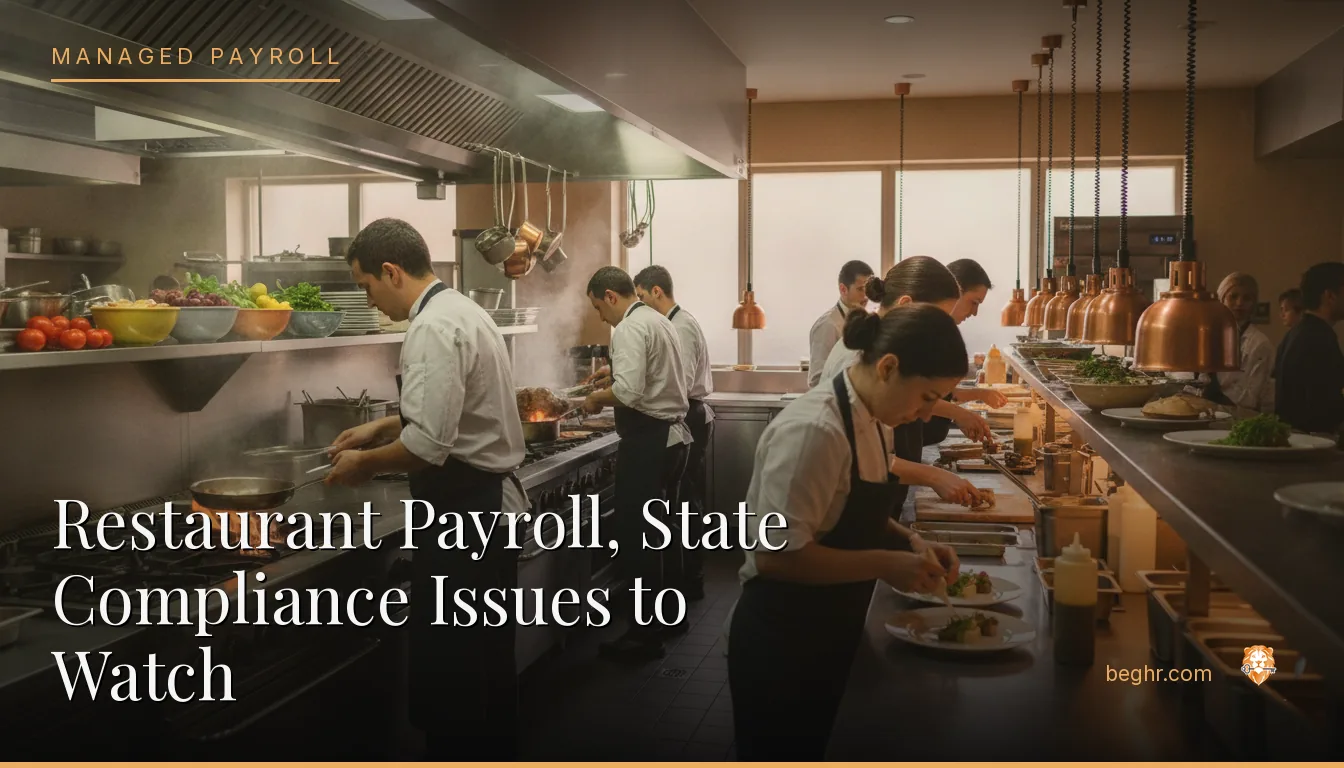 A busy modern restaurant kitchen with chefs and staff working the line